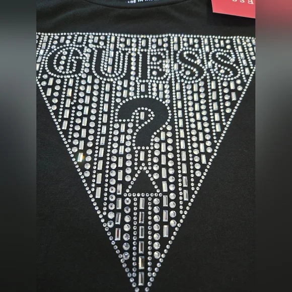 GUESS T-Shirt Women's Black Rhinestone Bling Triangle Logo Large NEW - Picture 11 of 13
